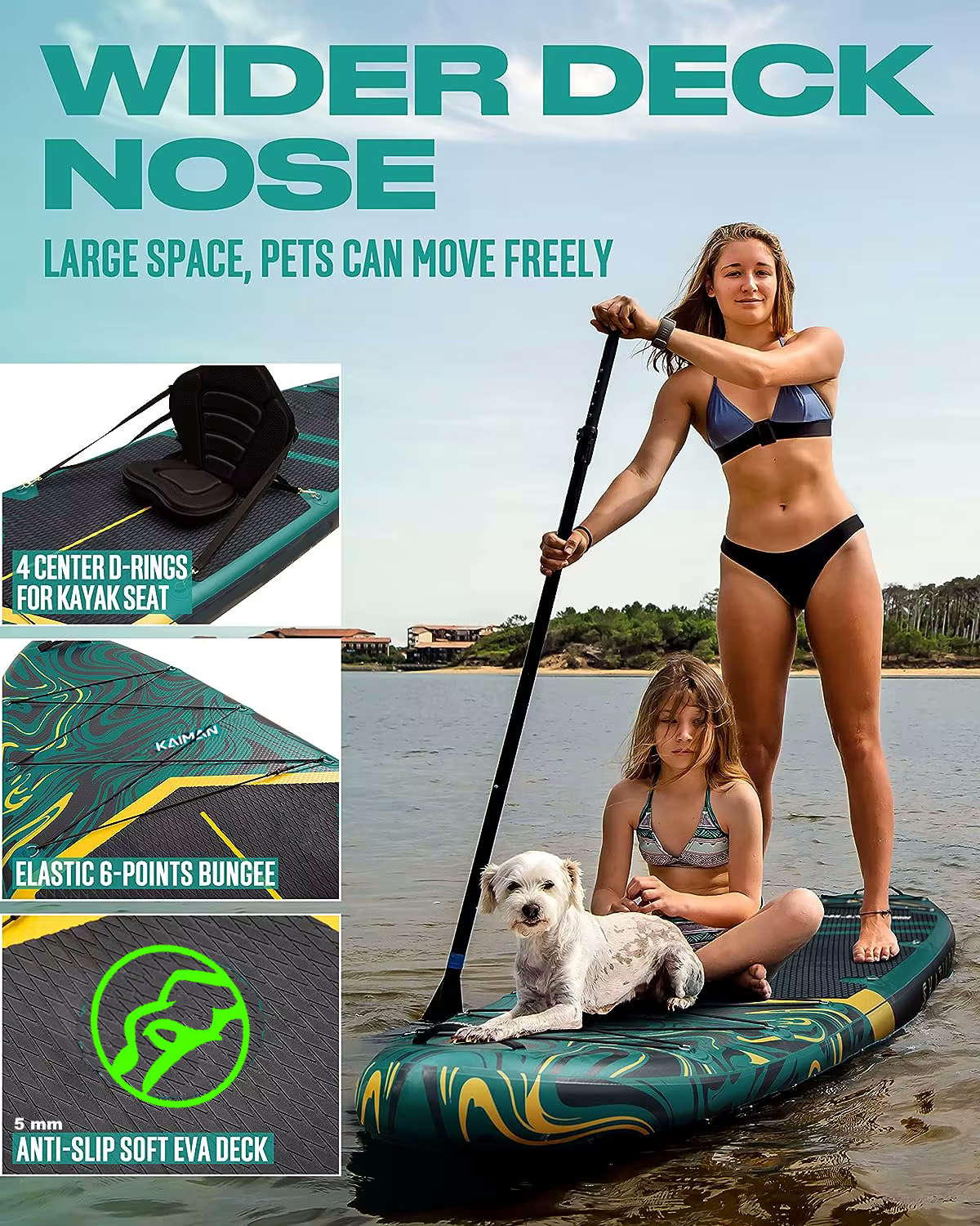 Pagaia stand up paddle Kaiman Boards Etna 11'6'' 35'' all round, con paddle e design colorata, visibile sullo sfondo.